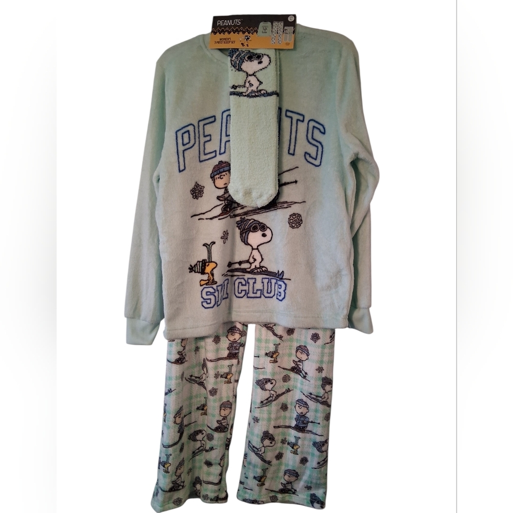 NWT 3pc Peanuts Ski Club Snoopy Pajama Set Aqua + Socks SIZE Large
